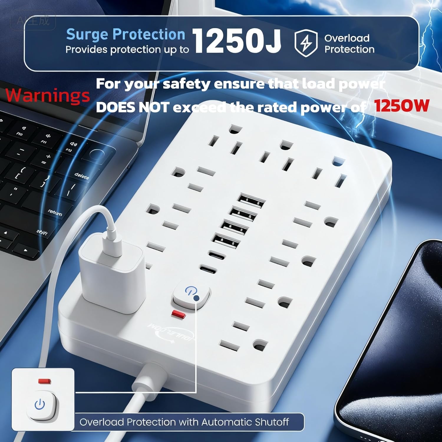 6 FT Flat Plug Surge Protector Power Strip,11 Multiple AC Outlets with 6 USB Ports (2 USB C), 6 Feet Extension Cord, 1250W/10A, One Touch Switch Button, 17 in 1 Compact powerstrip-White - Image 8