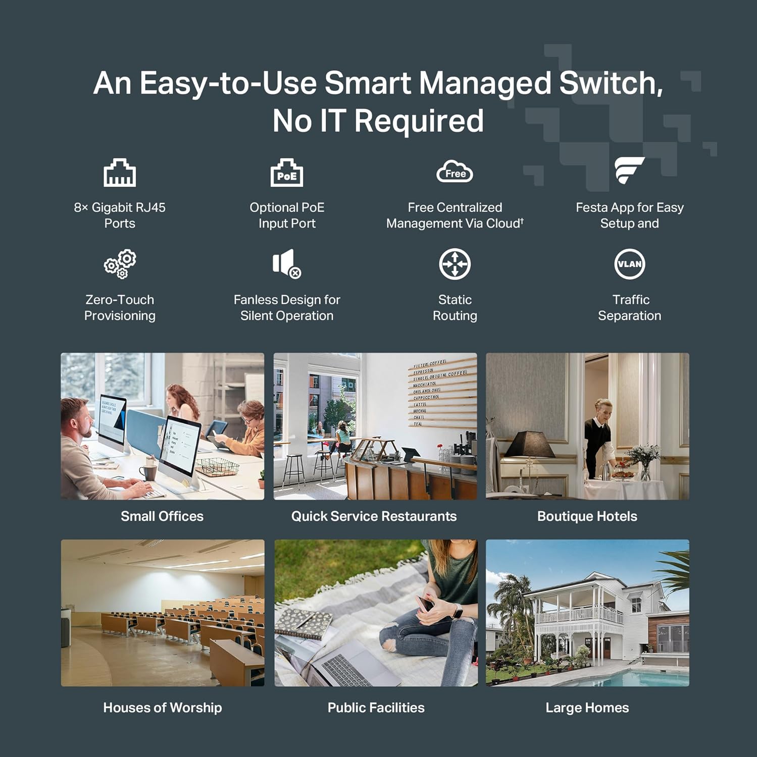 TP-Link Festa FS308G - 8 Port Gigabit Smart Managed Switch, Self-Organizing Network Free Cloud Management Fanless Static Routing, Vlan, ACL, LAG Desktop/Wall Mount, Does not Work w/ Omada - Image 2