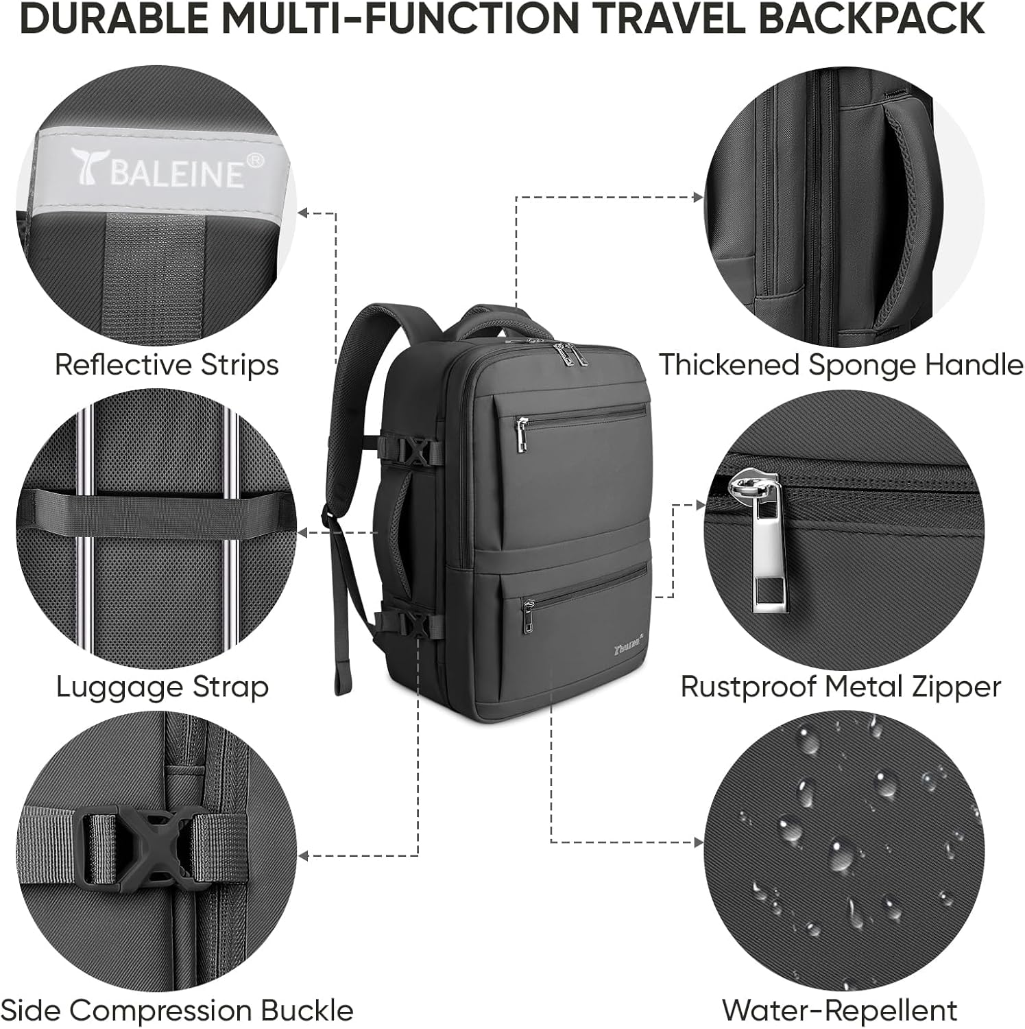 BALEINE Travel Backpack for Women Men, Large Sturdy Carry On Laptop Backpack Gifts for Business, Casual, Weekender, Hiking (Large, Black) - Image 5