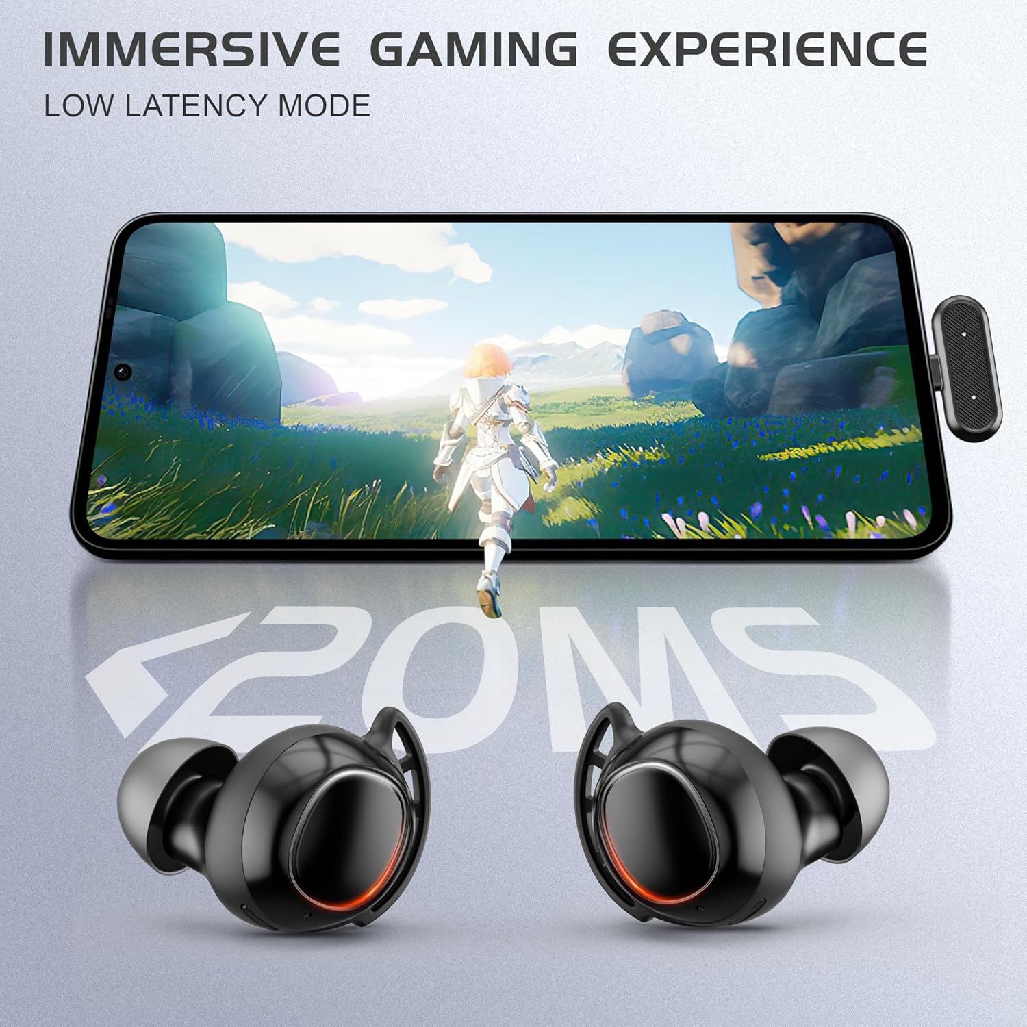 IAMJOY Gaming Earbuds, 20ms Low Latency, Wireless Game Earbuds with LED Display, 90H Play Time, 2.4GHz & Bluetooth, Noise-Canceling Mic Compatible with Meta Quest, PS5/4, VR, Switch, PC - Image 2