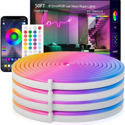 Neon Rope Lights, 50FT RGB Led Strip, Waterproof IP67, DIY Design, Music Sync, 44 Keys Remote Control, Multiple Modes, for Living Room, Bedroom, Holiday Decoration