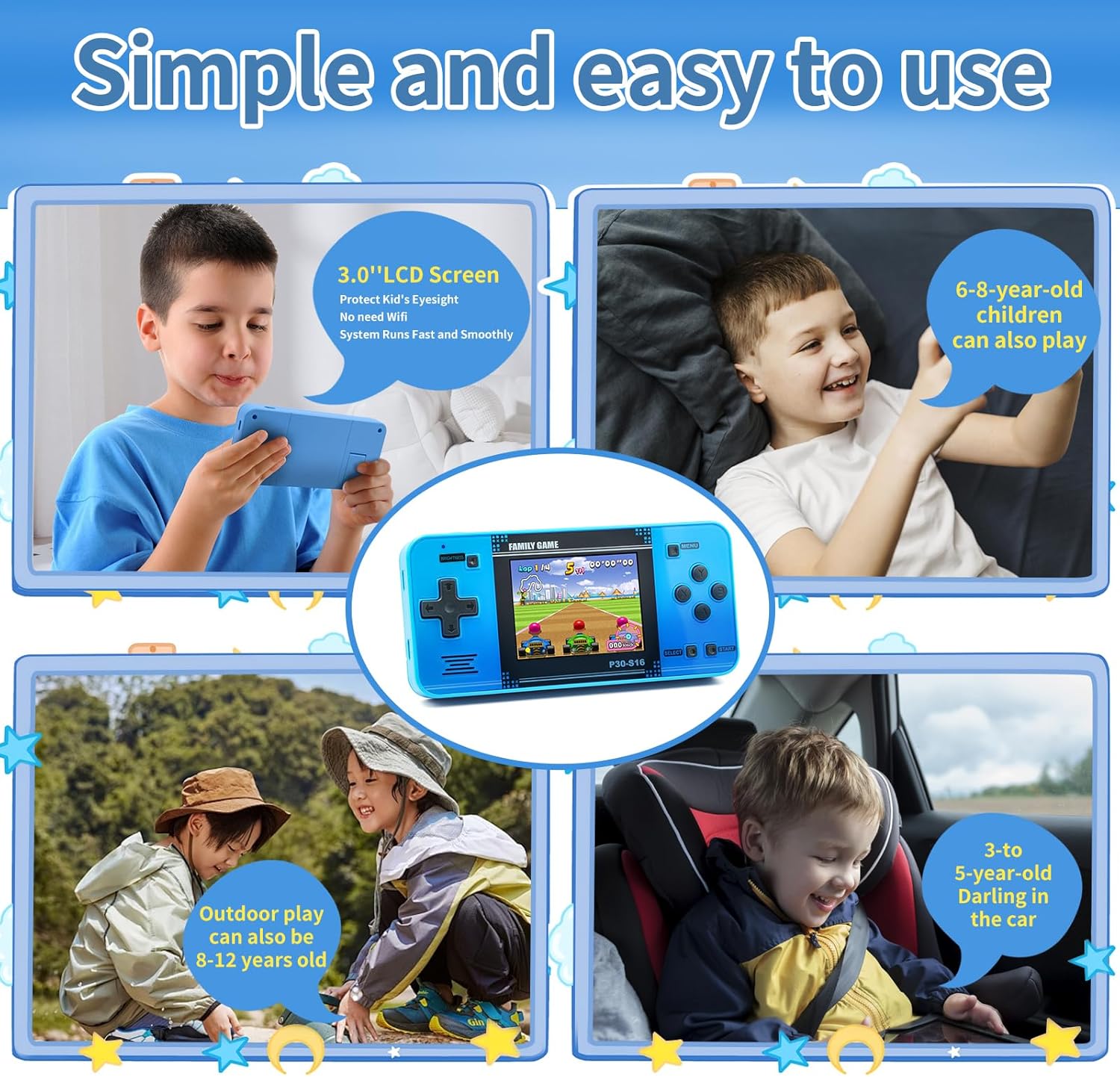 Handheld Game for Kids -Preloaded 220 Retro Video Games, Portable Gaming Player with Rechargeable Battery 3.0" LCD Screen, Mini Arcade Electronic Toy Gifts for Boys Girls (Blue) - Image 5