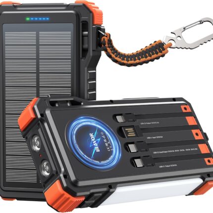 BLAVOR 45W Solar Charger Power Bank 20000mAh Wireless Portable Charger Built-in Cables, PD QC Fast Charging Battery Pack with USB-C for iPhone, Samsung, Dual Flashlight & Carabiner for Camping, Hiking