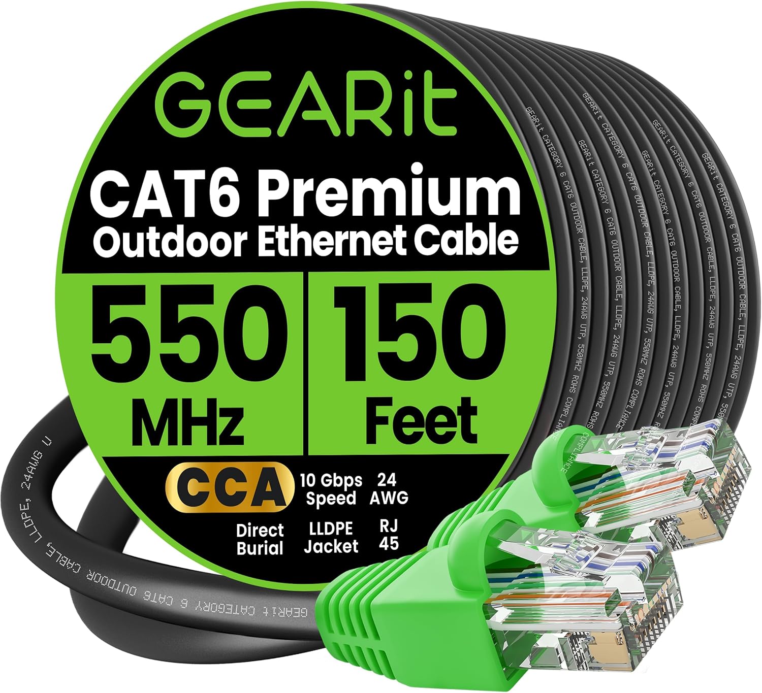 GEARit Cat 6 Ethernet Cable 150 ft, Direct Burial Outdoor Cat6 Ethernet Cable 24AWG High Speed Up to 10 Gbps/550 MHz, LLDPE (PE) UV-Resistant Waterproof Jacket, CCA, RJ45 Internet Cable for Router