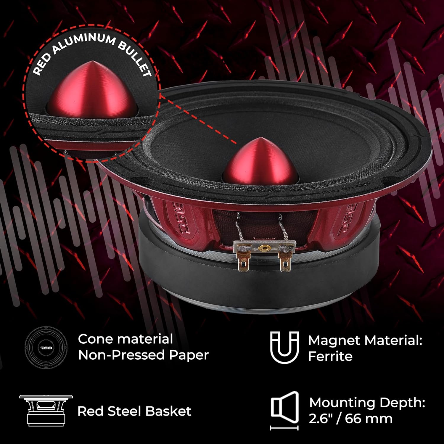 DS18 PRO-X6.4BM Loudspeaker - Pair of 6.5", Midrange, Red Aluminum Bullet, 500W Max, 250W RMS, 4 Ohms - Premium Quality Audio Door Speakers for Car or Truck Stereo Sound System (2 Speaker) - Image 3