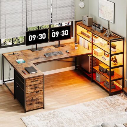 SEDETA L Shaped Desk with Storage Shelves, 64.5" Reversible U Shaped Office Desk with 3 Fabric Drawers, Gaming Desk with Power Outlet & LED Strip for Home Office, Rustic Brown