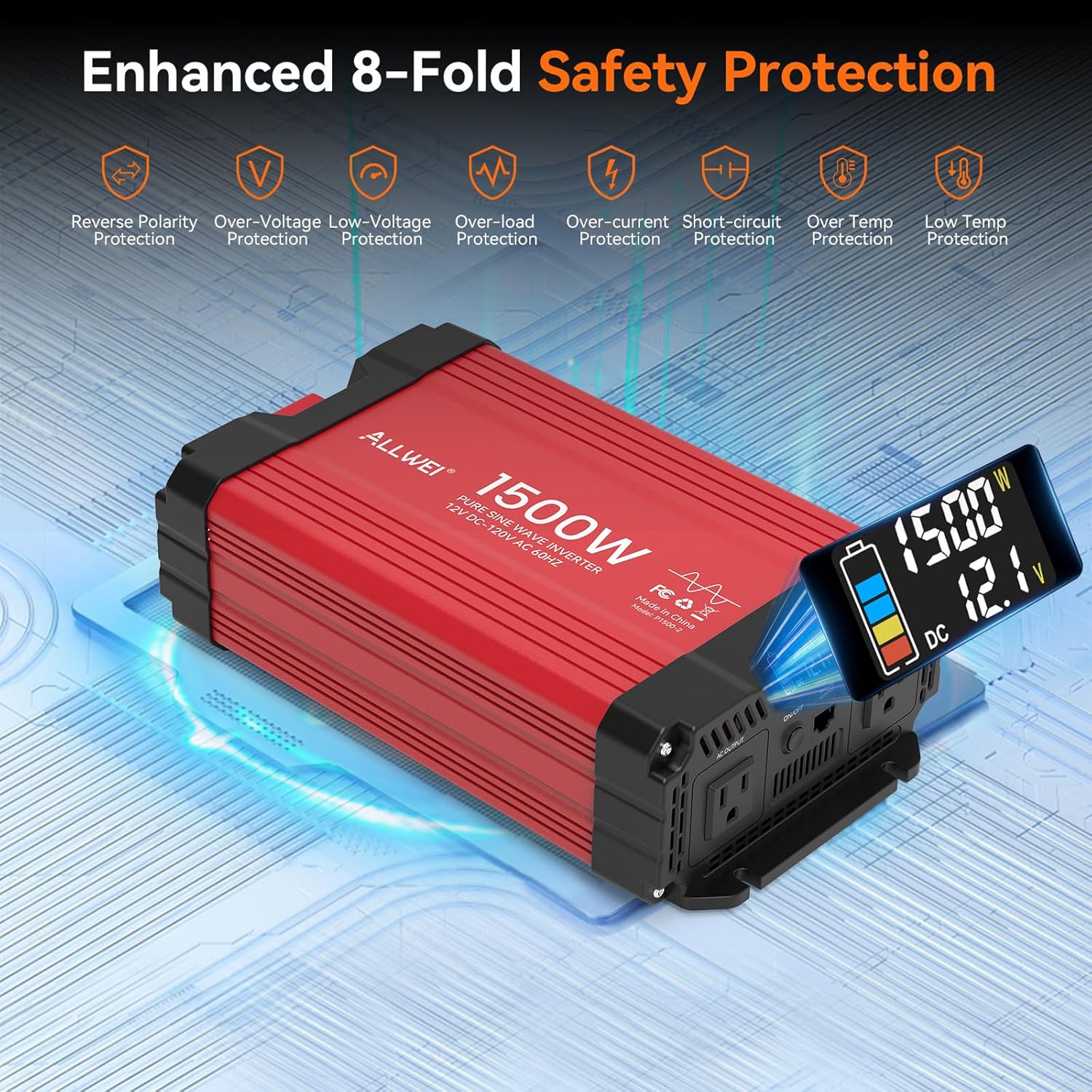 ALLWEI 1500W Pure Sine Wave Inverter 12V DC to 110V/120V AC Converter, Surge 3000W | Power Inverters Vehicles with 2 AC Outlets, RV Truck Boat Home Outdoor & Off-Grid Solar Inverter, Smart LCD Display - Image 4