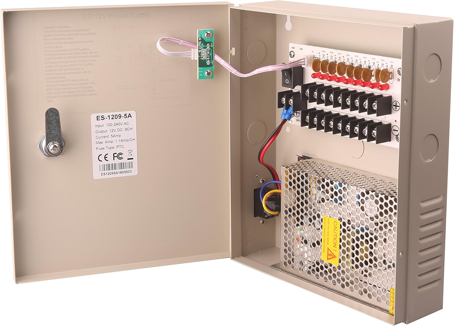 EVERSECU 9 Channel DC12V 5 Amp PTC Fuse CCTV Power Supply with Metal Box, AC Plug and Lock for Security Cameras, DVRs, IP Cameras, CCTV Cameras