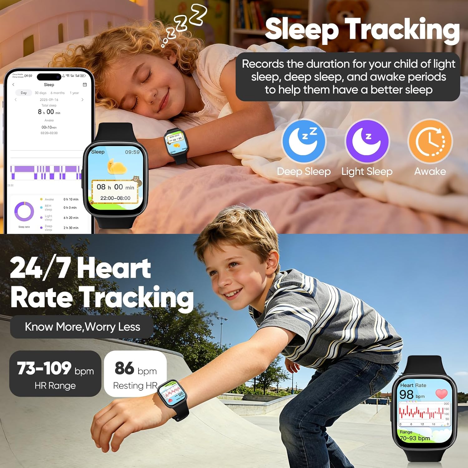 Smart Watch for Kids No APP/Phone Needed, HD Touch Screen Fitness Tracker with Heart Rate, Sleep Monitor, IP68 Waterproof Smartwatches with Pedometer, Alarm Clock, Gifts for Kids Ages 4-12 (Black) - Image 5