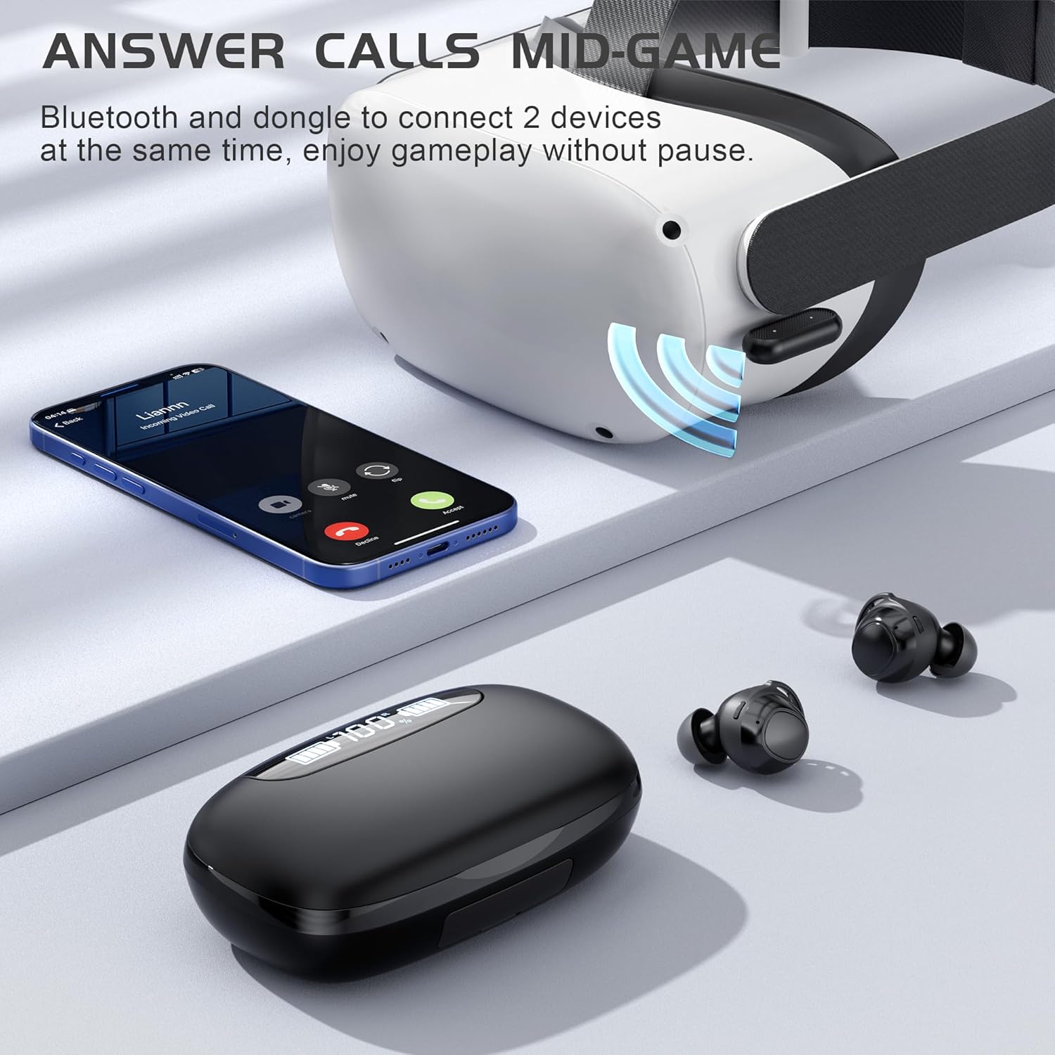 IAMJOY Gaming Earbuds, 20ms Low Latency, Wireless Game Earbuds with LED Display, 90H Play Time, 2.4GHz & Bluetooth, Noise-Canceling Mic Compatible with Meta Quest, PS5/4, VR, Switch, PC - Image 3