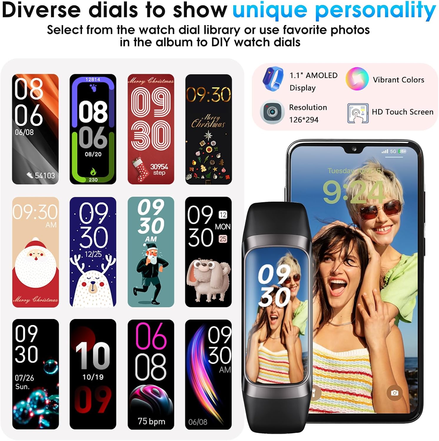 Fitness Tracker, 24/7 Heart Rate Blood Oxygen Blood Pressure Body Temp Monitor Sleep Calorie Tracker with 1.1" AMOLED Touch Color Screen Pedometer Smart Watch Waterproof for Women Men - Image 6