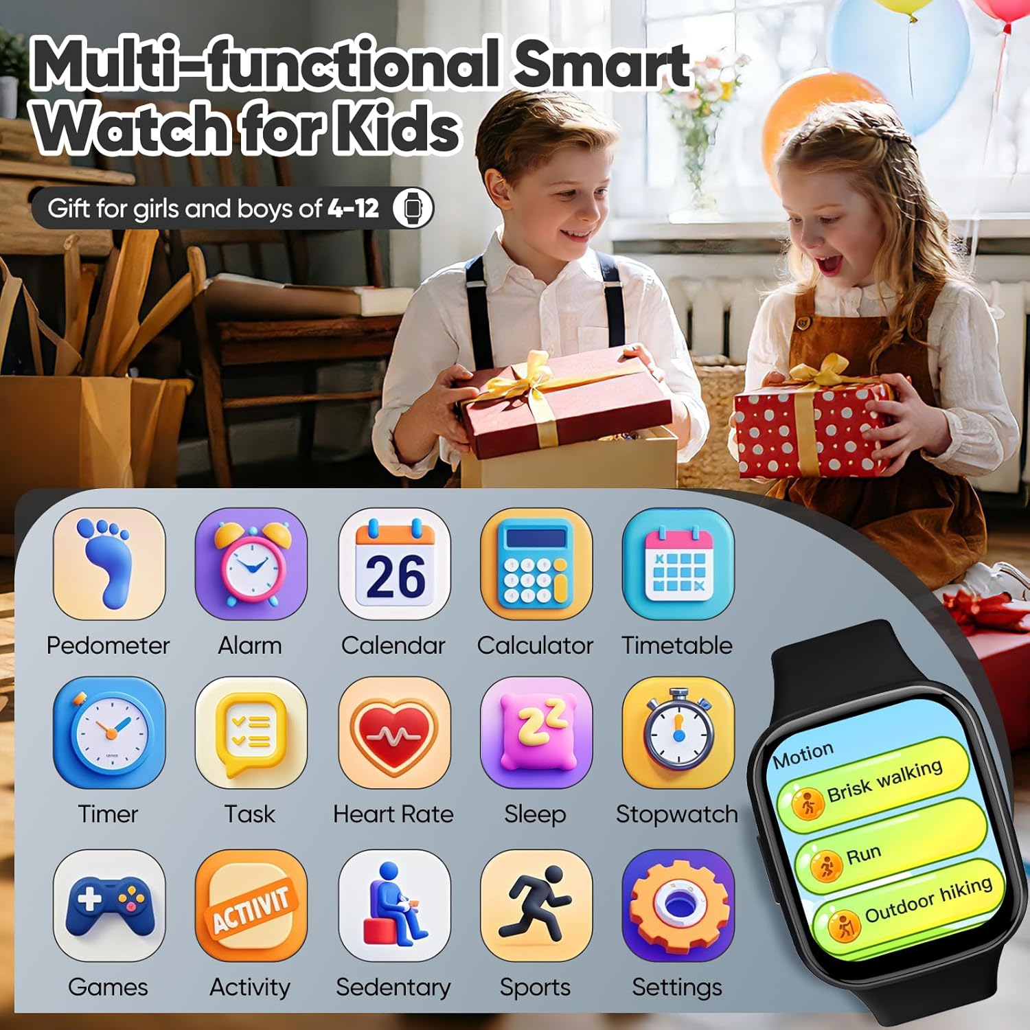 Smart Watch for Kids No APP/Phone Needed, HD Touch Screen Fitness Tracker with Heart Rate, Sleep Monitor, IP68 Waterproof Smartwatches with Pedometer, Alarm Clock, Gifts for Kids Ages 4-12 (Black) - Image 2