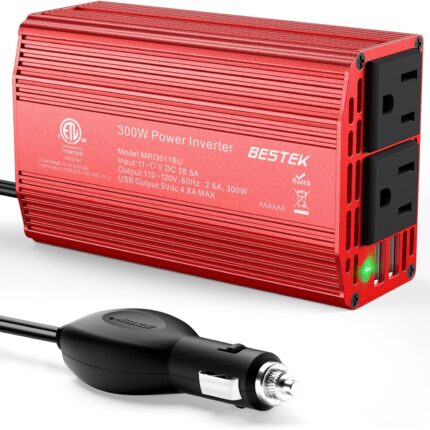 BESTEK Power Inverter DC 12V to AC 110V - 300W Car Plug Adapter Outlet with 4.8A Dual USB Fast Charging Port - Car Charger Cigarette Lighter Adapter for Phone, Laptop on Road Trip - Aluminum Housing