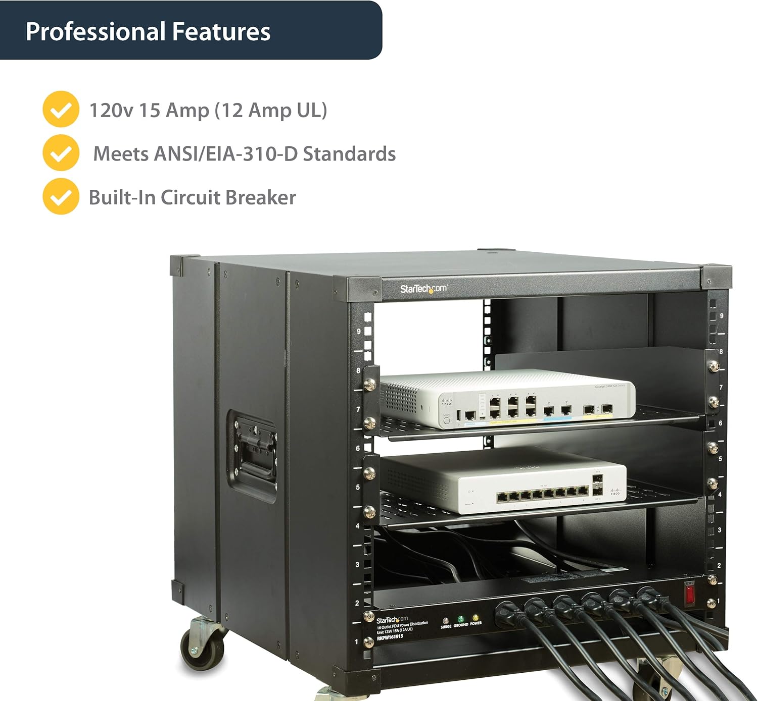 StarTech.com 16 Outlet Horizontal 1U Rack Mount PDU Power Strip for Network Server Racks - Surge Protection - 120V/15A - 6ft Power Cord (RKPW161915) - Image 5
