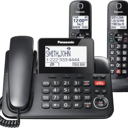 Panasonic Corded Phone/Cordless Phone with Answering Machine, Advanced Call Block and 2-Way Recording, 2 Handsets Expandable up to 6 Cordless Handsets - KX-TGF852B (Black)