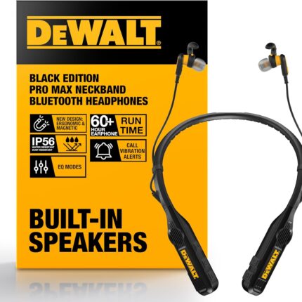 DEWALT Heavy Duty Black Edition 2-in-1 Neckband Bluetooth Headphones w/Built-in Speakers, Jobsite Wearable Speaker & Around Neck, Wireless Headset, 60+ Hrs Hands-Free Music & Calls, Carry Pouch