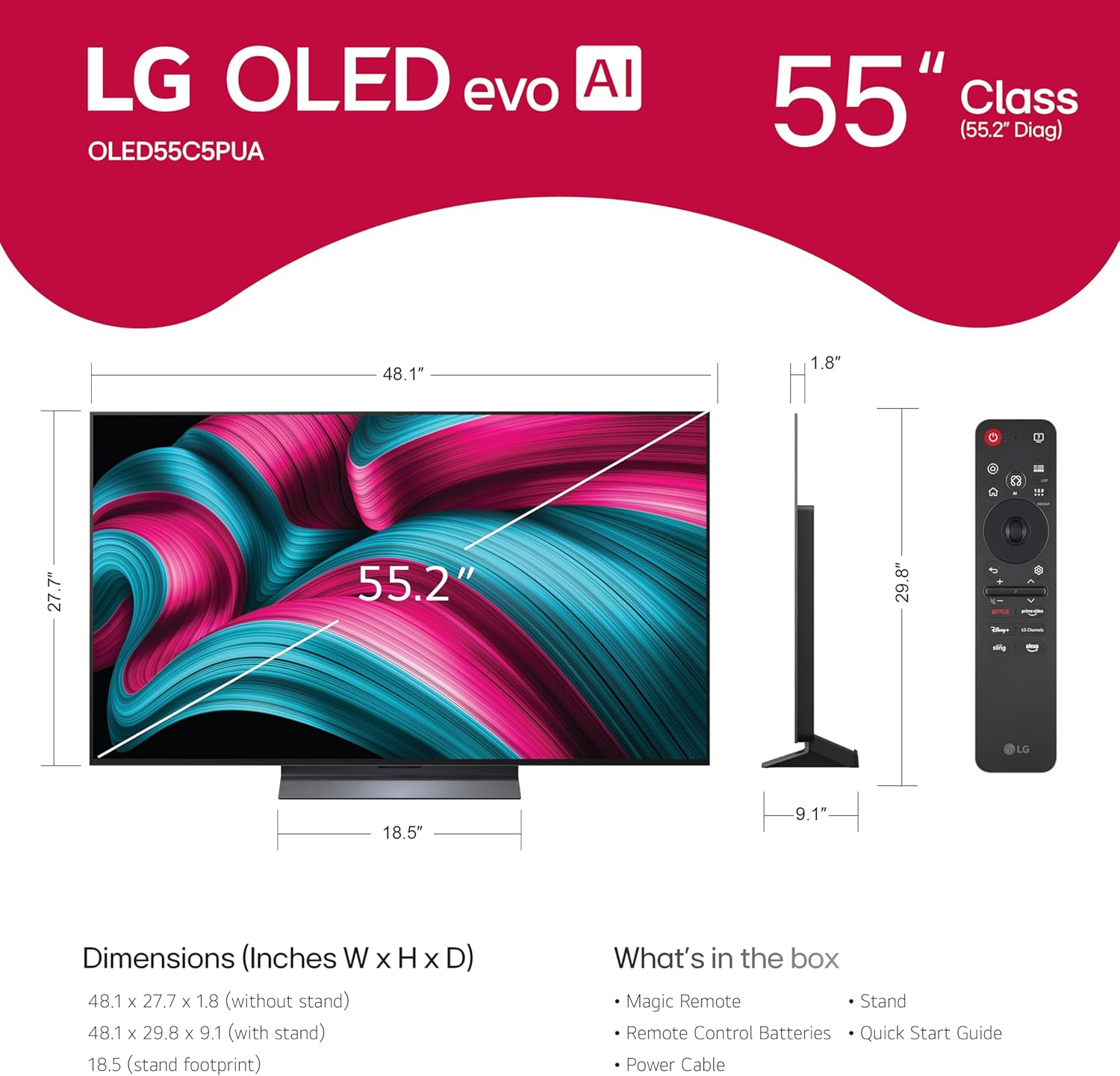 LG 55-Inch Class OLED evo AI 4K C5 Series Smart TV w/Dolby Atmos, Dolby Vision, HDR10, AI Super Upscaling 4K, Filmmaker Mode, Wow Orchestra, Alexa Built-in (OLED55C5PUA, 2025) - Image 2