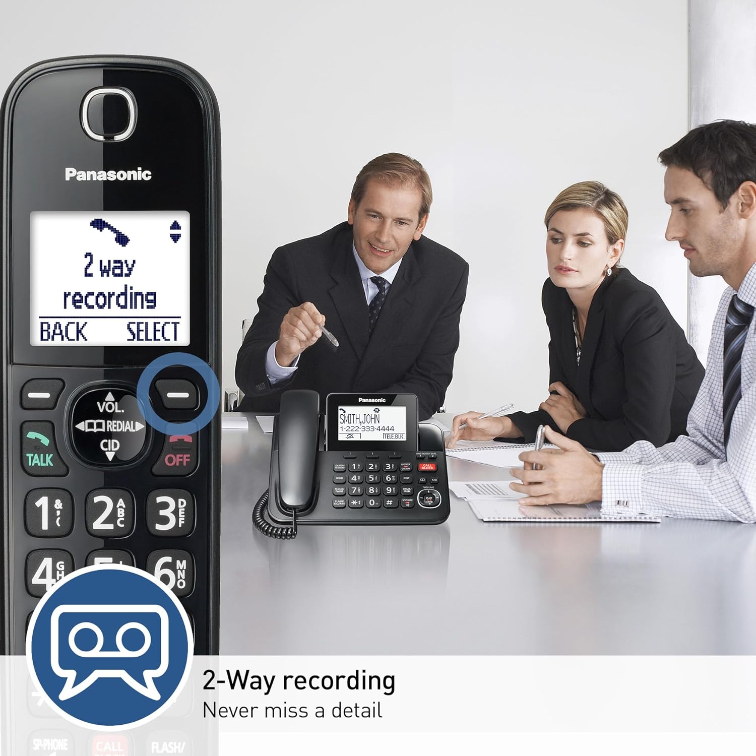 Panasonic Corded Phone/Cordless Phone with Answering Machine, Advanced Call Block and 2-Way Recording, 2 Handsets Expandable up to 6 Cordless Handsets - KX-TGF852B (Black) - Image 4