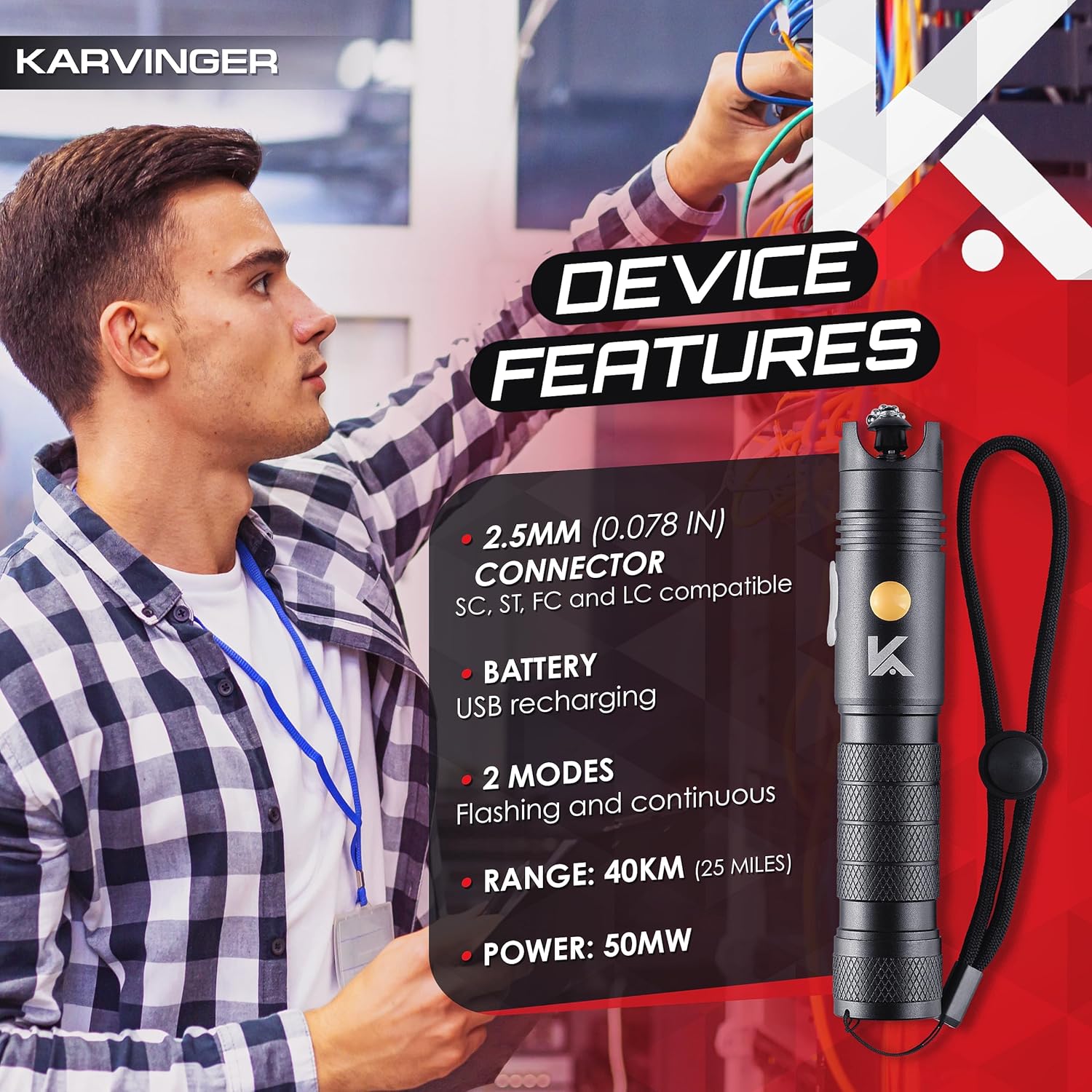 Powerful Rechargeable Visual Fault Locator 40km with Case - VFL Tester with FC Male to LC Female Adapter - 7h Battery Life Red Light Pen for Fiber Network Cable Test - Image 4