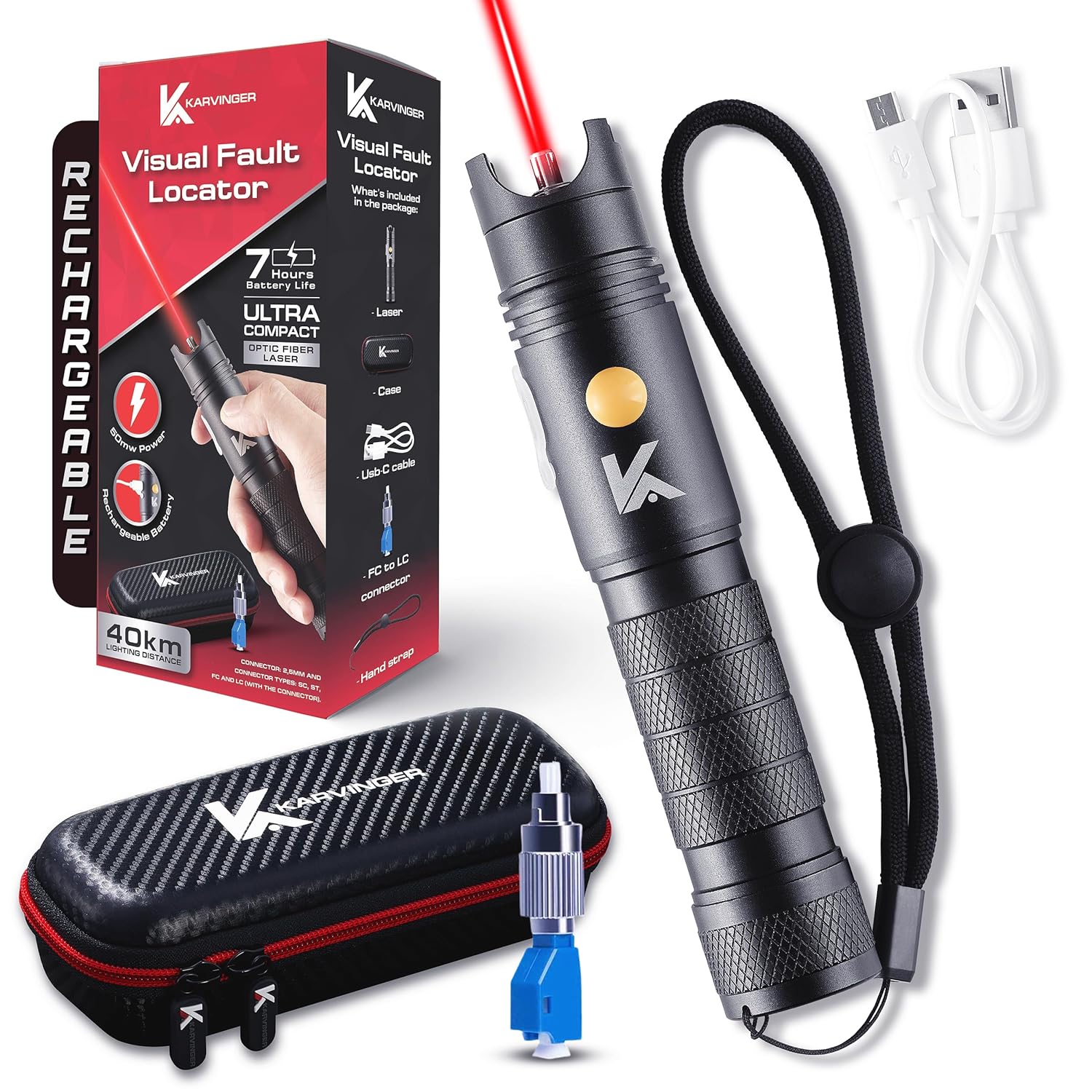 Powerful Rechargeable Visual Fault Locator 40km with Case - VFL Tester with FC Male to LC Female Adapter - 7h Battery Life Red Light Pen for Fiber Network Cable Test