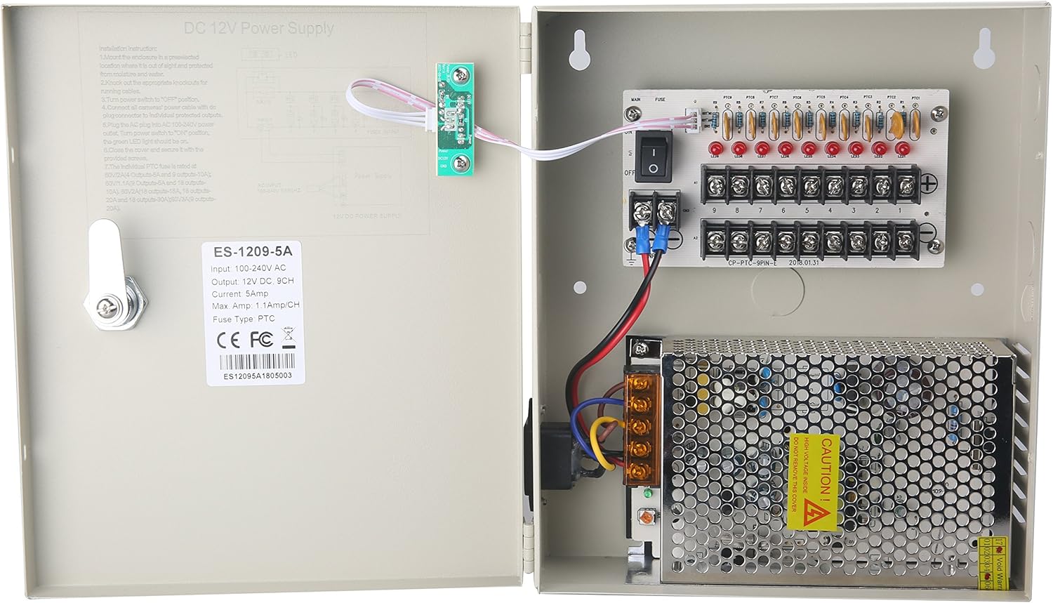 EVERSECU 9 Channel DC12V 5 Amp PTC Fuse CCTV Power Supply with Metal Box, AC Plug and Lock for Security Cameras, DVRs, IP Cameras, CCTV Cameras - Image 2