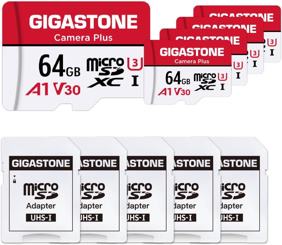 GIGASTONE 64GB Micro SD Card 5-Pack, Camera Plus, MicroSDXC Memory Card for Wyze Cam, Security Camera, Smartphone, Fire Tablet, 4K Video Recording, UHS-I U3 A1 V30, 95MB/s, with Adapter