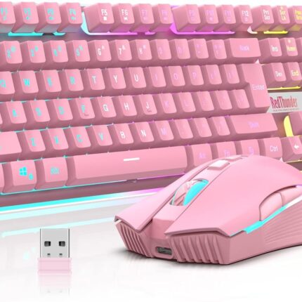 RedThunder K10 Wireless Gaming Keyboard and Mouse Combo, LED Backlit Rechargeable 3800mAh Battery, Mechanical Feel Anti-ghosting Keyboard + 7D 3200DPI Mice for PC Gamer (Pink)