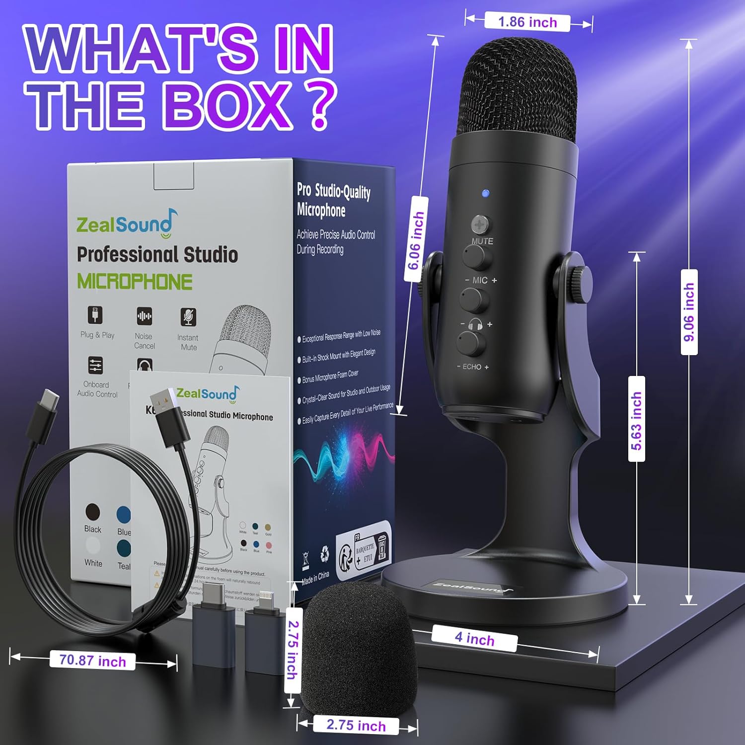 ZealSound Podcast Microphone for PC, Noise Cancellation USB Mic with Gain, Volume Adjustment & Mute Button, Monitoring & Echo, for YouTube, TikTok, Podcasting, Streaming, iPhone, iPad, Android, Mac - Image 9
