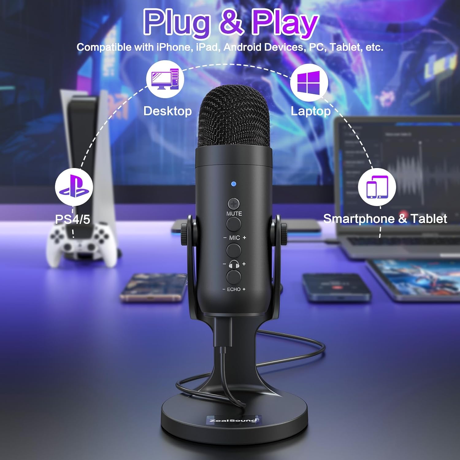 ZealSound Podcast Microphone for PC, Noise Cancellation USB Mic with Gain, Volume Adjustment & Mute Button, Monitoring & Echo, for YouTube, TikTok, Podcasting, Streaming, iPhone, iPad, Android, Mac - Image 4