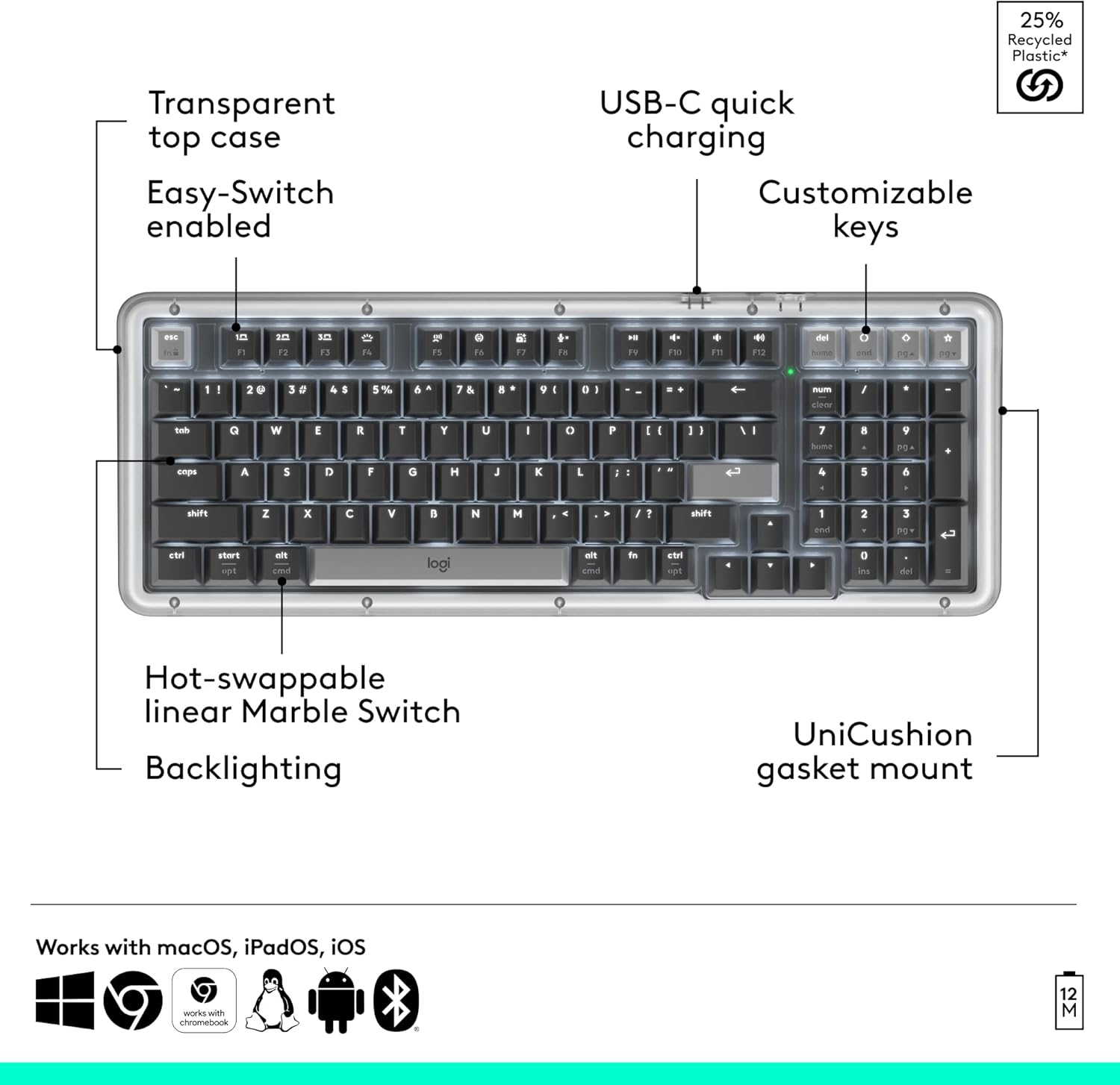 Logitech Alto Keys K98M Wireless Mechanical Clicky Keyboard, Customizable Keyboard with Vibration Absorbing Gasket, Backlit Keys, Bluetooth, USB-C Charging, for PC, Mac, Laptops - Graphite - Image 7
