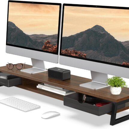Fenge Dual Monitor Stand, Monitor Riser with Drawer, 42.5 Inch Large Computer Monitor Stand for 2 Monitors, 2 Tier Wooden Desk Shelf for Top of Desk