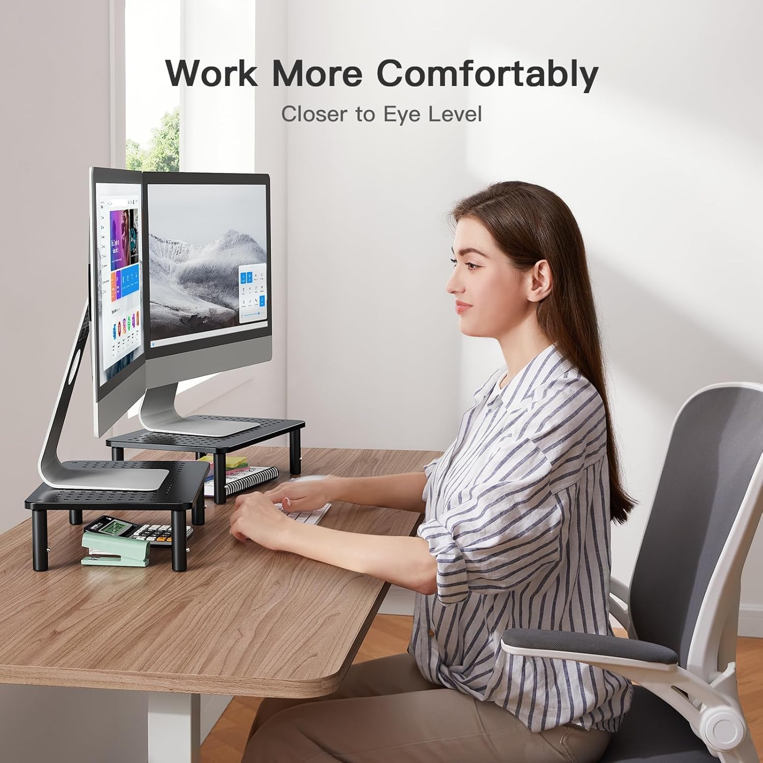 HUANUO Monitor Stand for Desk, Computer Monitor Stand Height Adjustable, Monitor Riser for 2 Monitors, Laptop Stand for Desk, 2 Pack, Black - Image 3