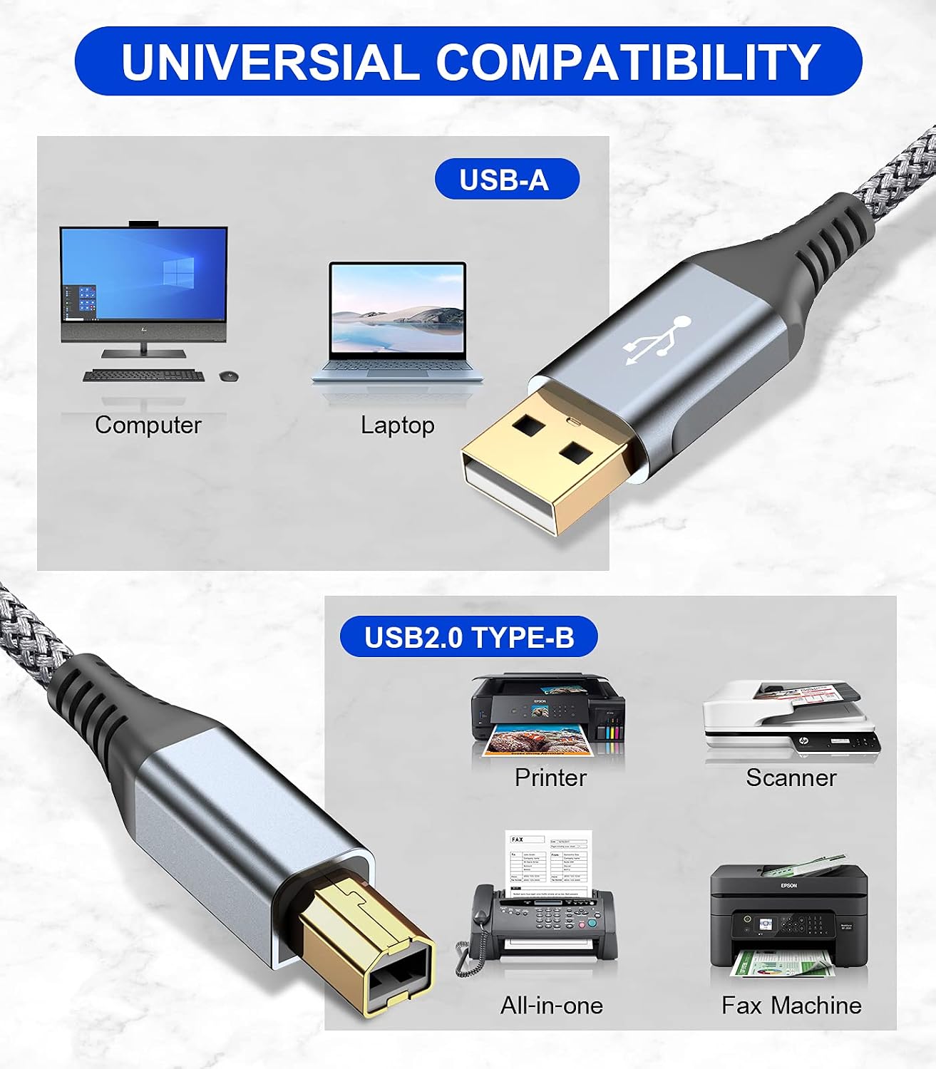 Printer Cable 10ft, USB 2.0 USB-A to USB-B Midi Cable High Speed Nylon Braided Cord for HP Canon Brother Dell Epson More Printers, Digital Piano, Midi Keyboard DJ Controller, Microphone, Mixer - Image 2