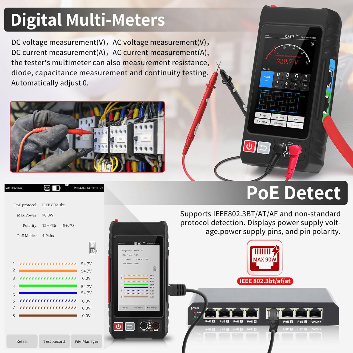 Henkion Multifunction RJ45 Network Caber Tester,UTP Cable Tester Ethernet Cable Tracer,4" IPS Touch Screen Support Network Tools,Digital Multi-Meter,OPM,POE++ Detect,RJ45 TDR,Length,FTP,(LT-600M) - Image 6