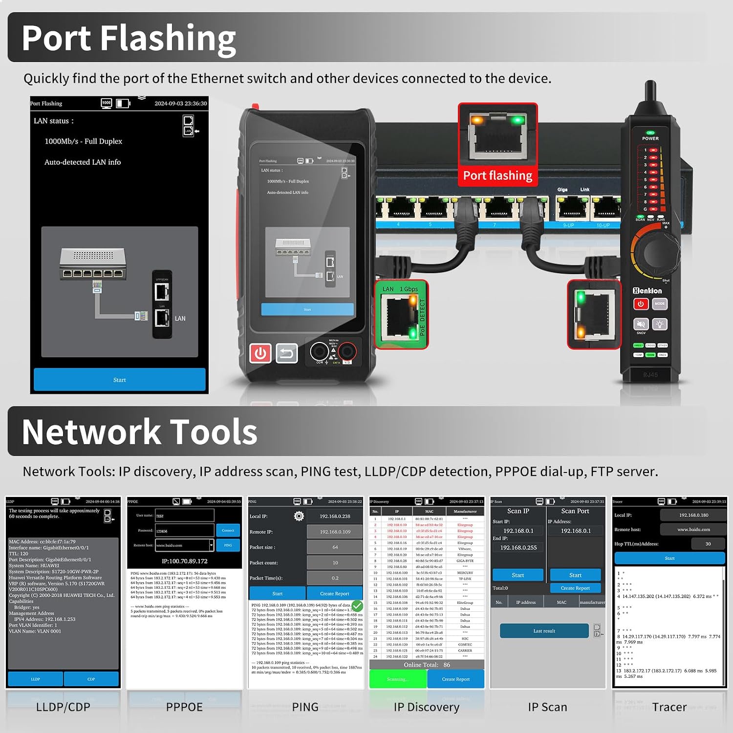 Henkion Multifunction RJ45 Network Caber Tester,UTP Cable Tester Ethernet Cable Tracer,4" IPS Touch Screen Support Network Tools,Digital Multi-Meter,OPM,POE++ Detect,RJ45 TDR,Length,FTP,(LT-600M) - Image 7