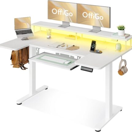 OffiGo 55 Inch U Shaped Electric Standing Desk with Keyboard Tray, White | 3 Outlets & 2 USB Ports, Dual-Monitor Stand, 10 Colors & 10 LED Modes, 3 Presets, 28.3"-46.5"in Range, 154 lb Capacity