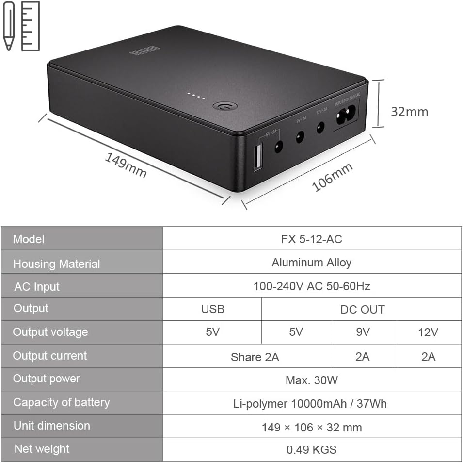Mini UPS Battery Backup Uninterruptible Power Supply for Router, Modem, Security Camera with Input AC Output USB 5V DC 5V 9V 12V (37Wh) - Image 3