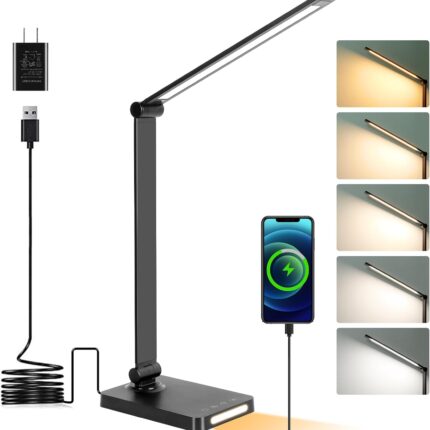 LED Desk Lamp with USB Ports,Touch Desk Lamps for Home Office with 5 Modes | 3 Brightness Desk Light with Small Night Light,Reading Lamp Table Lamp for Bedroom Bedside Study Black （with adapter）