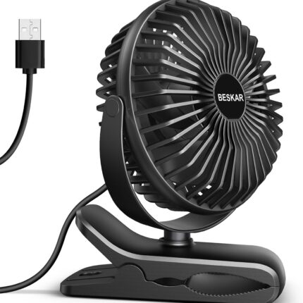 BESKAR USB Clip on Fan, Portable Small Desk Fan with Cord Powered | 3 Speeds Strong Airflow, Sturdy Clamp, Ultra Quiet Personal Cooling Fan for Office Dorm Bedroom Stroller