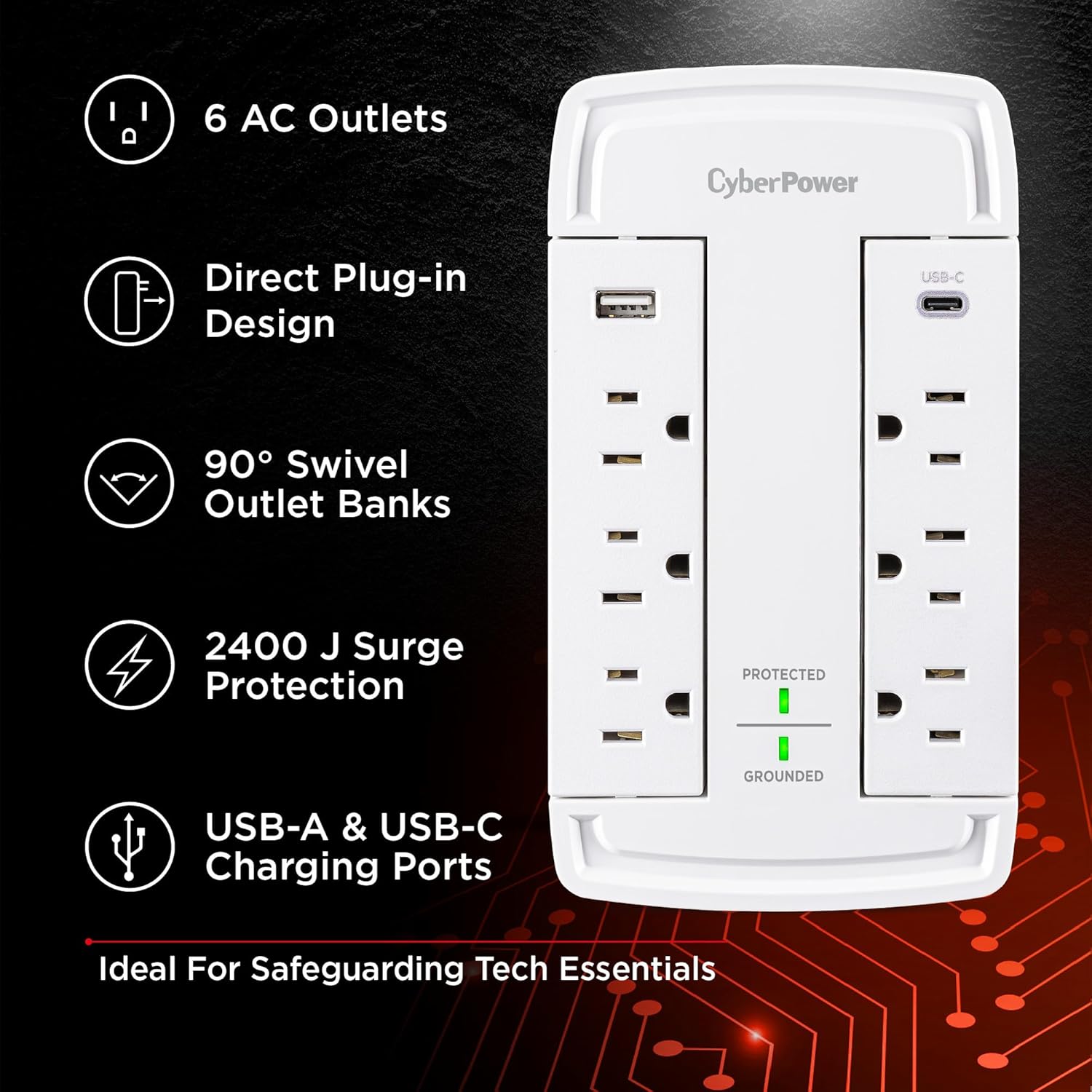 CyberPower CSP6WSUC Surge Protector, 6 Swivel Outlets, 2 USB Charging Ports, 2400J, Wall‑Tap - Image 3