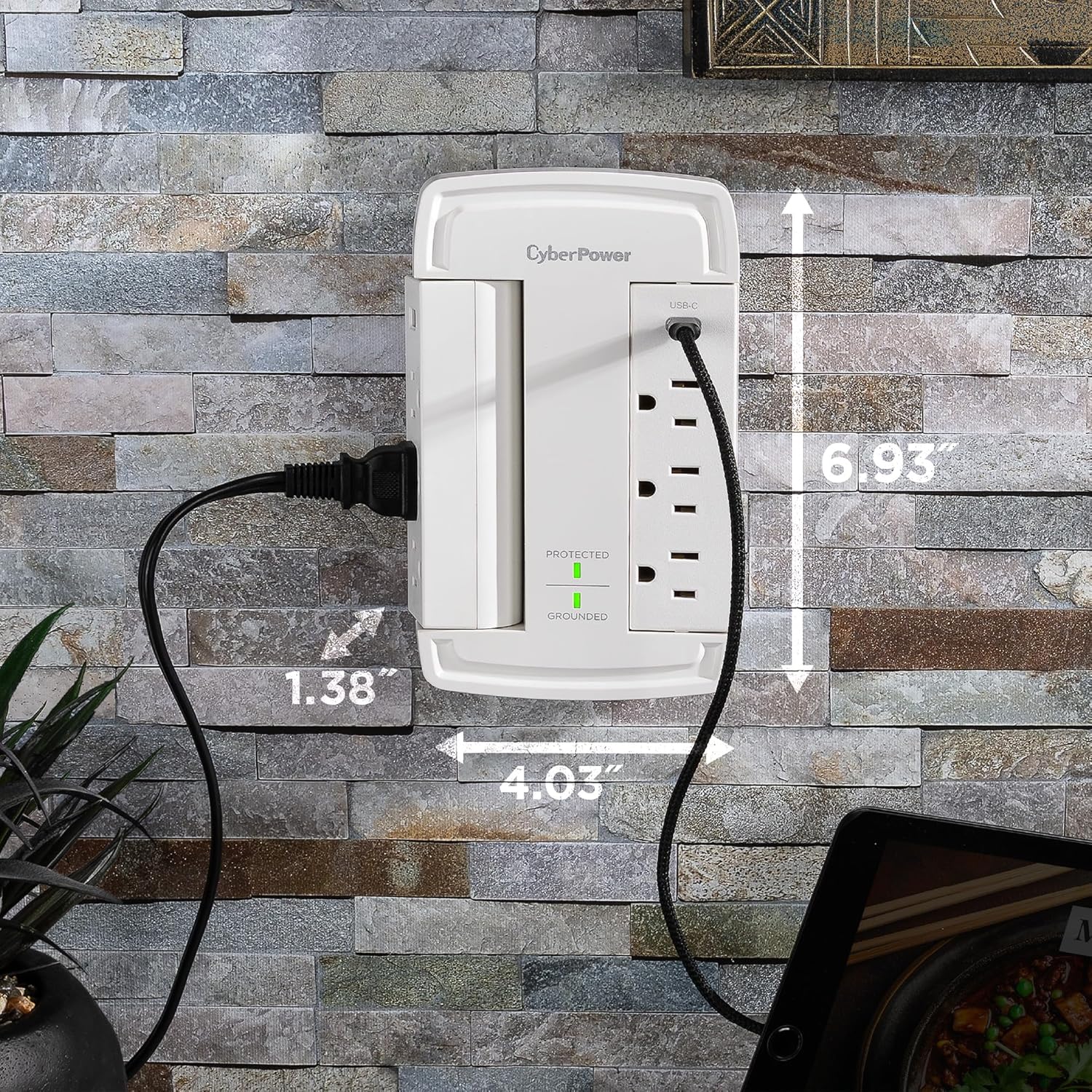 CyberPower CSP6WSUC Surge Protector, 6 Swivel Outlets, 2 USB Charging Ports, 2400J, Wall‑Tap - Image 4