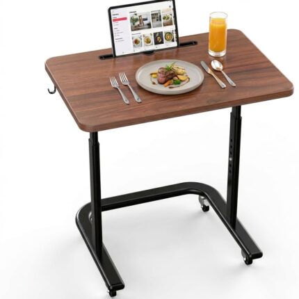 BUYIFY Height Adjustable TV Tray Table on Wheels - Rolling Laptop Desk for Bed & Sofa - C Shaped Side Table for Recliner, Small Spaces & Walking Pad (Dark Walnut)