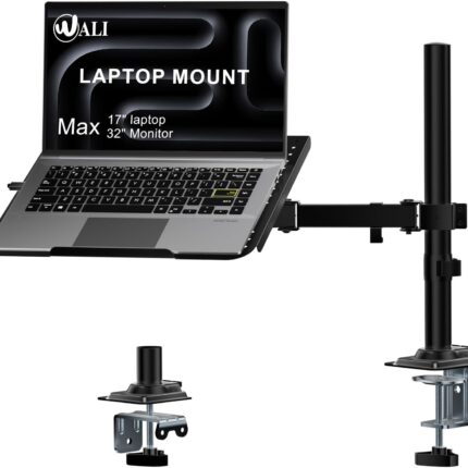 WALI Adjustable Laptop Desk Mount for 17 inch Notebook or 32 inch Screen | 2-In-1 Single Monitor Arm with Laptop Holder, Laptop Stand with Ventilated Tray, Up to 22 lbs, (M00LP), Black