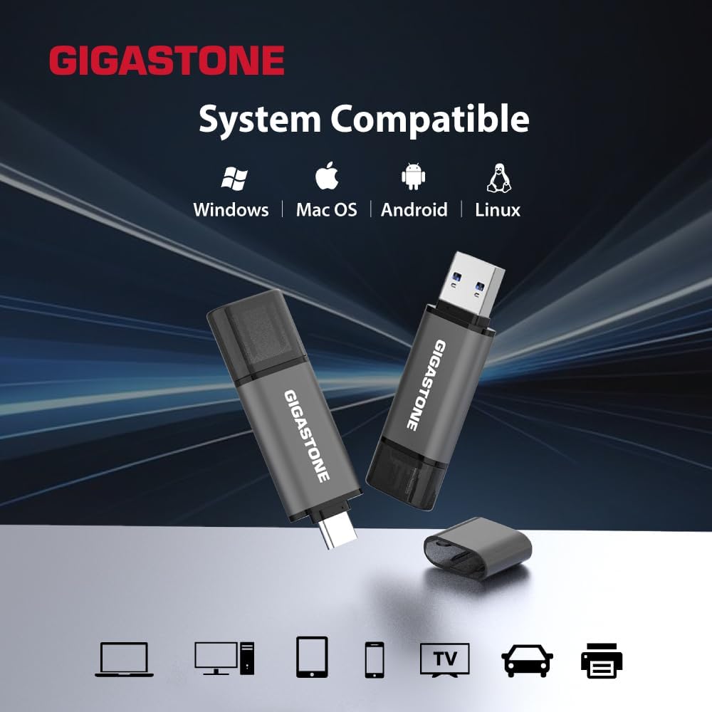 GIGASTONE 128GB Dual USB Flash Drive 2-Pack, USB 3.2 Gen 1, 2-in-1 USB C+A, Speed Up to 100MB/s, Head Cap Design Thumb Drive, Plug & Play for Smartphone/PC/Mac/TV/Car Audio, USB 2.0/3.0/3.1 Compatible - Image 3