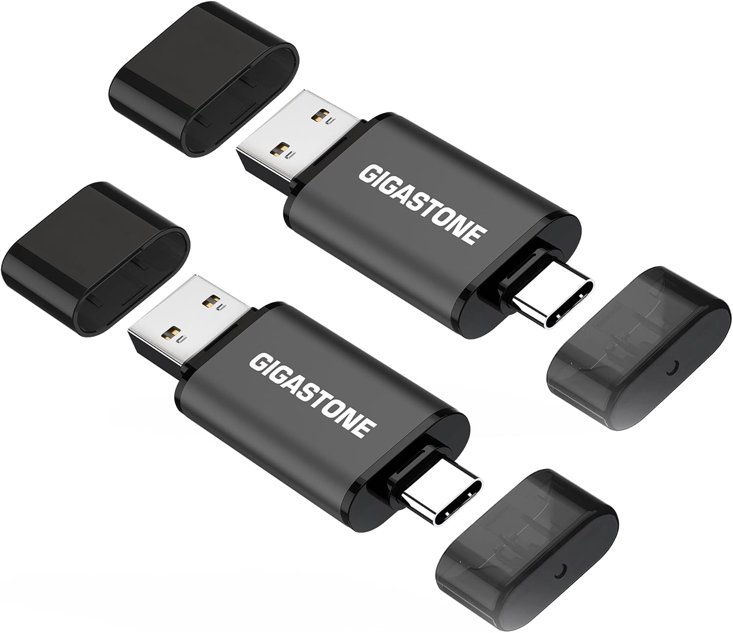 GIGASTONE 128GB Dual USB Flash Drive 2-Pack, USB 3.2 Gen 1, 2-in-1 USB C+A, Speed Up to 100MB/s, Head Cap Design Thumb Drive, Plug & Play for Smartphone/PC/Mac/TV/Car Audio, USB 2.0/3.0/3.1 Compatible