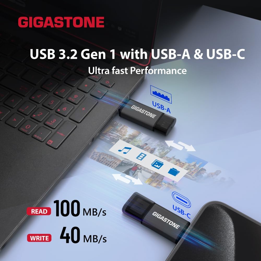 GIGASTONE 128GB Dual USB Flash Drive 2-Pack, USB 3.2 Gen 1, 2-in-1 USB C+A, Speed Up to 100MB/s, Head Cap Design Thumb Drive, Plug & Play for Smartphone/PC/Mac/TV/Car Audio, USB 2.0/3.0/3.1 Compatible - Image 2