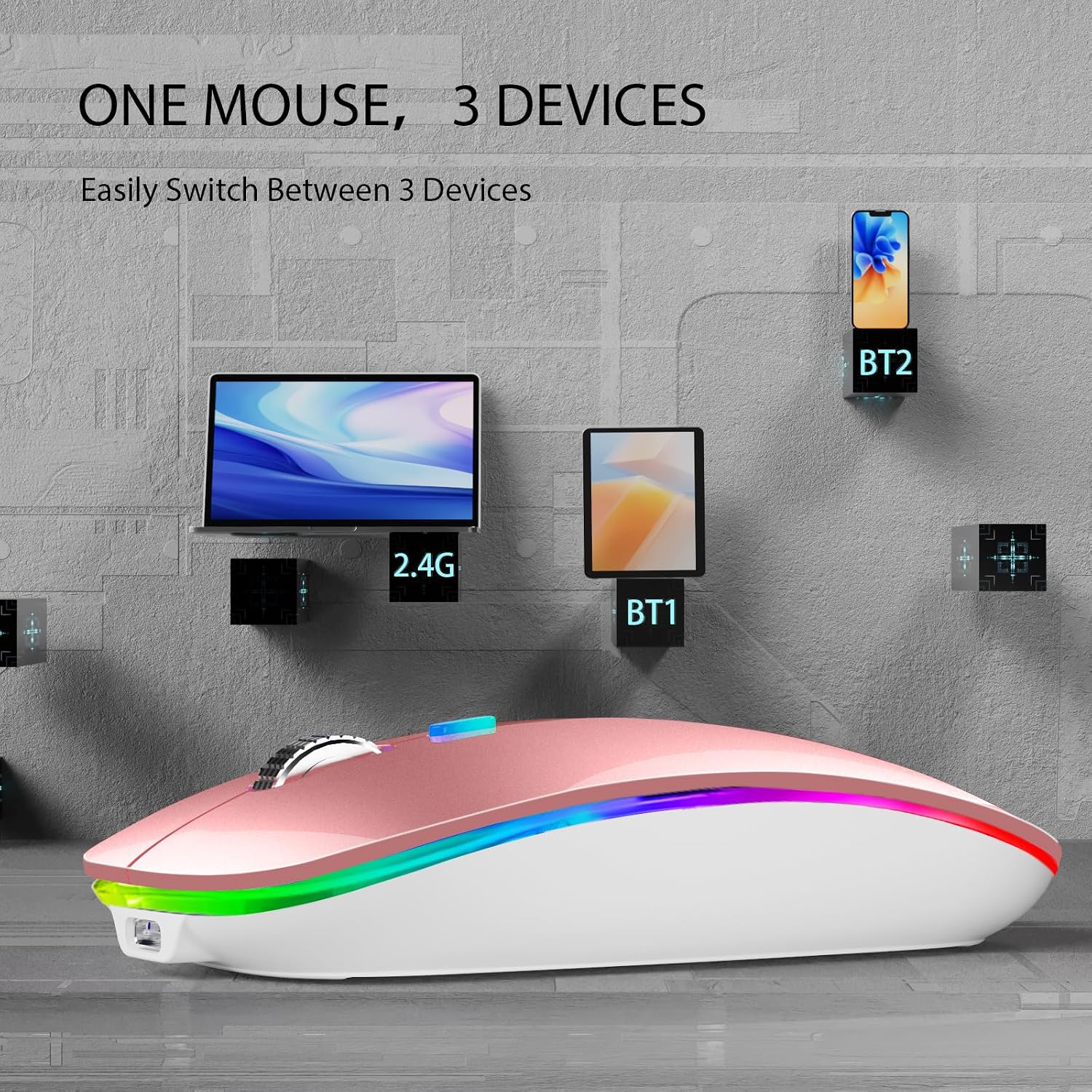 TENMOS Wireless Bluetooth Mouse, LED Silent Rechargeable Mouse-Rose Gold - Image 2